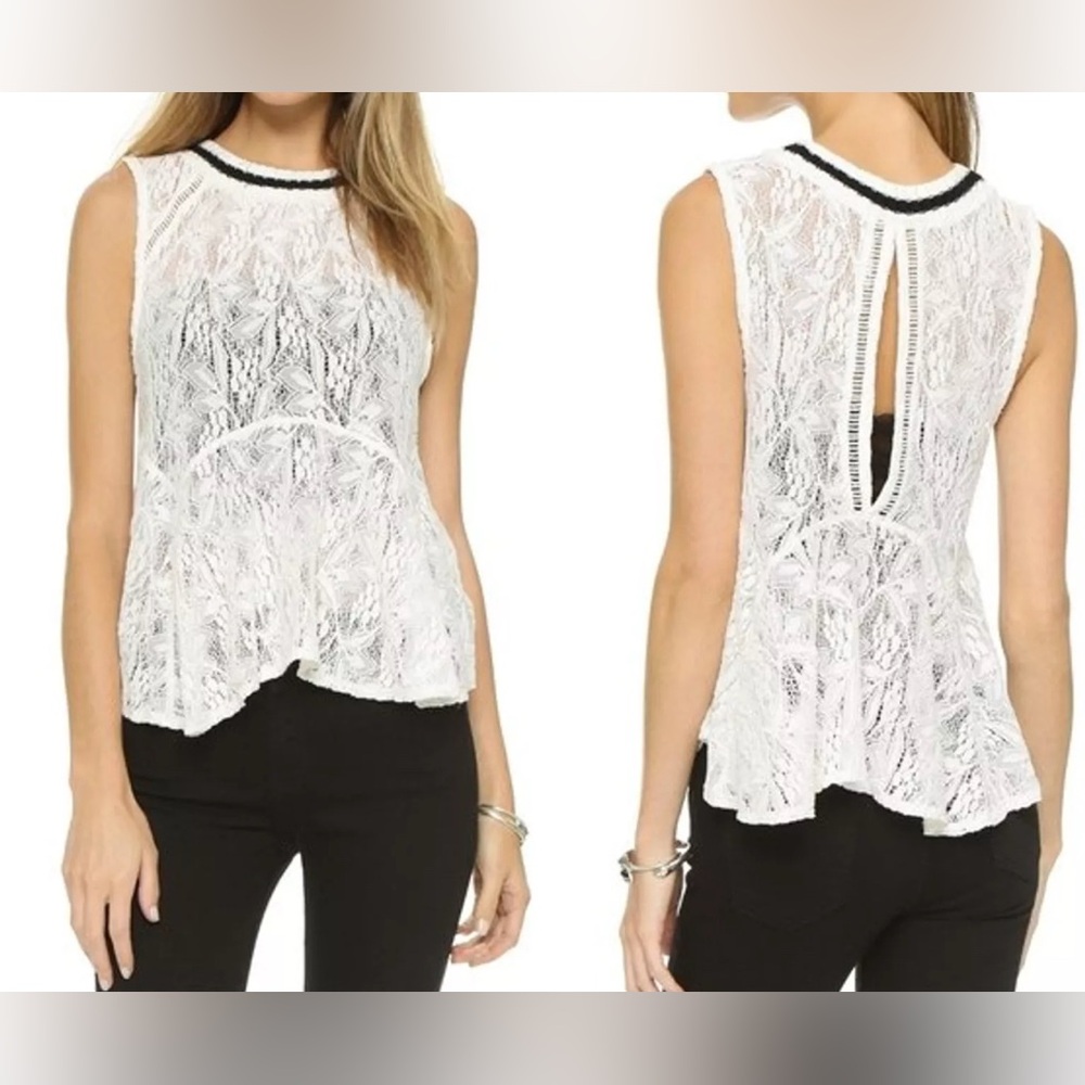 Free People White Floral Lace Blouse Crew Neck Sleeveless Pullover Tank Top Sz L